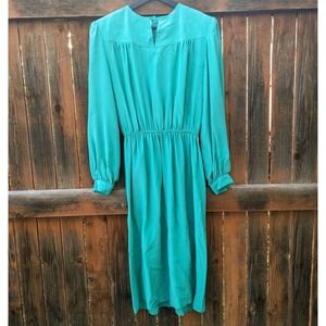 Vintage 80s Teal Silk Dress S High Waist Puff Sleeve Button Back Plain Modest